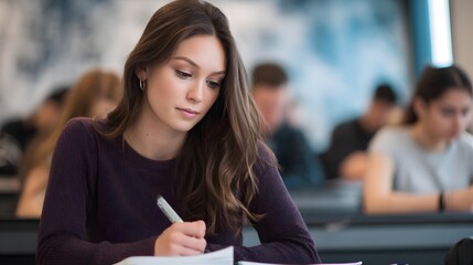 Fototapeta premium A university student is focused on taking notes on their laptop during a lesson in a contemporary technology equipped classroom