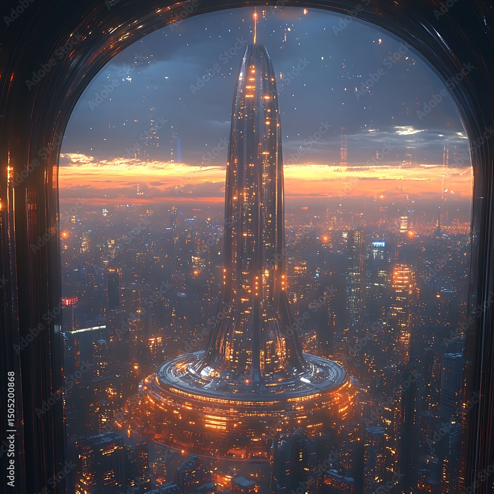 Aufkleber futuristic city skyline with illuminated skyscraper viewed through a modern archway with high resolu
