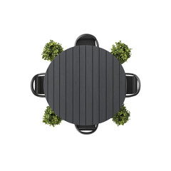 Overhead View of a Round Outdoor Dining Table with Four Chairs and Potted Plants