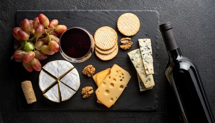 Artisanal cheeses and crackers with wine and grapes on slate board 