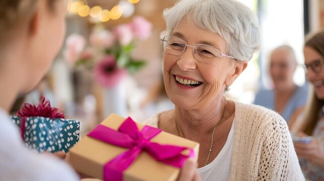 Mature woman receiving congratulations and gifts from coworkers and loved ones at her pension party marking a significant career milestone and life transition