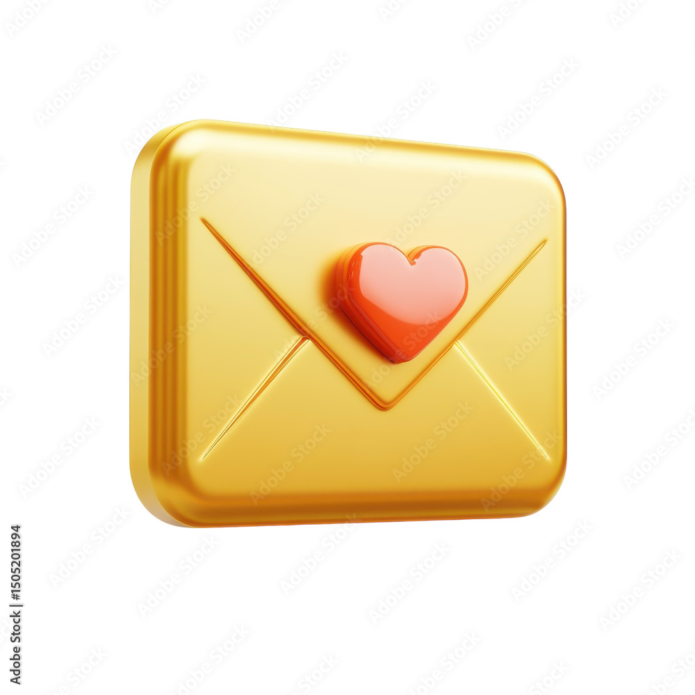 Poster sending love through a golden envelope with a bright red heart seal on transparent background
