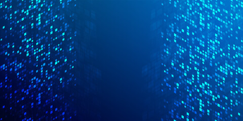 Tech ai blue web banner. Innovation digital city technology background. Future neon particle light buildings vector. Futuristic intelligence high technological design banner.