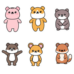 A cute collection of six cartoon animals, including bears, hamsters, and ferrets. Each character is drawn in a kawaii style with round shapes and bright colors