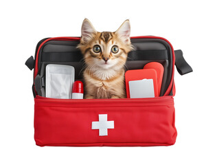 Kitten sitting inside a red first aid kit with medical items