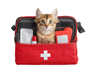 Kitten sitting inside a red first aid kit with medical items