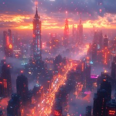 Obraz premium Futuristic cityscape with neon lights during sunset in a high resolution image