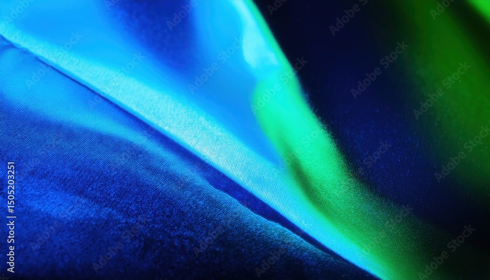 Poster iridescent satin texture in neon blue and green hues with smooth light reflections ideal for web bac