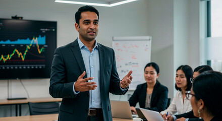 Business speaker presenting data analysis to team in modern office  