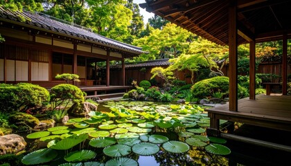 Traditional wooden architecture nestled within a serene tropical Asian garden, showcasing lush nature, tranquil water, and towering trees, perfect for a peaceful summer retreat