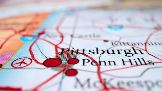 Red Dot Marks On Pittsburgh City Map in Pennsylvania With Flight Routes. - rack focus, zoom in shot