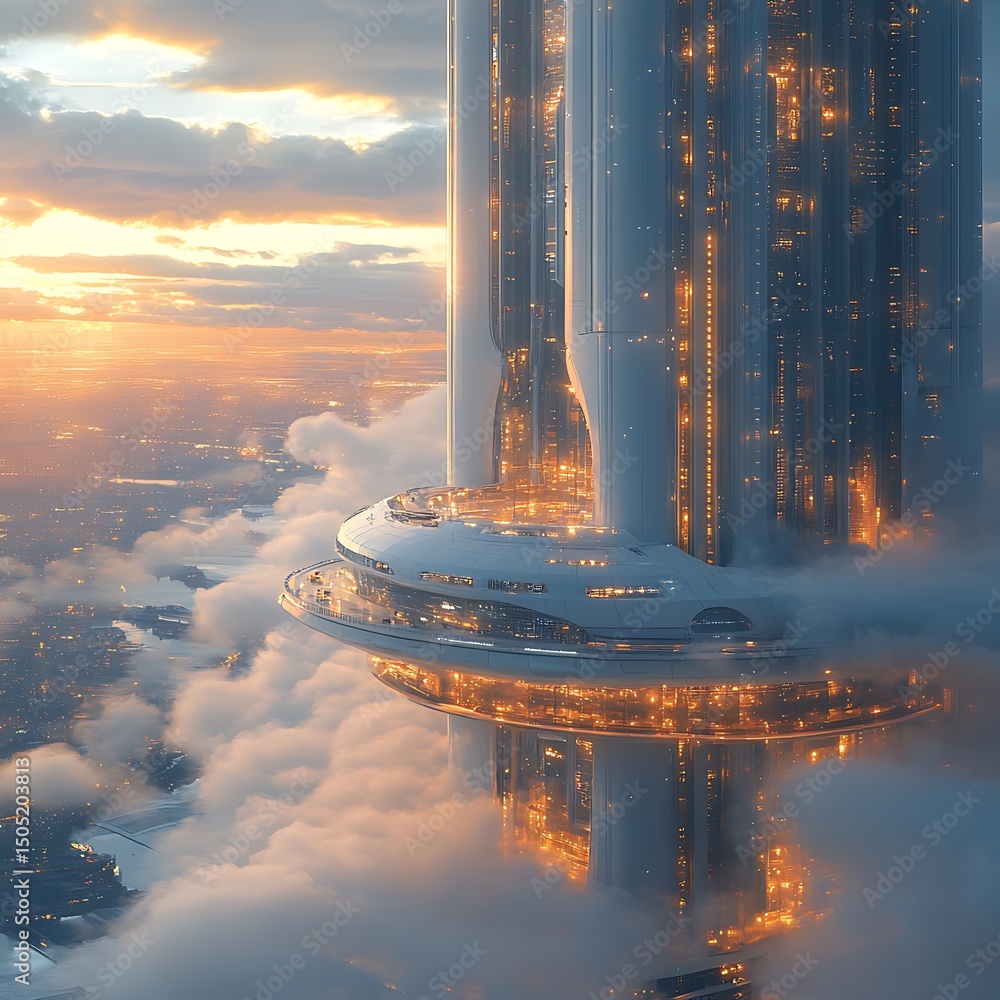Poster futuristic floating city skyscraper with glowing windows captured as high resolution image.
