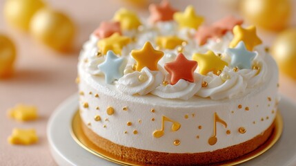 Delightful star-decorated cake with musical notes, perfect for celebrations.