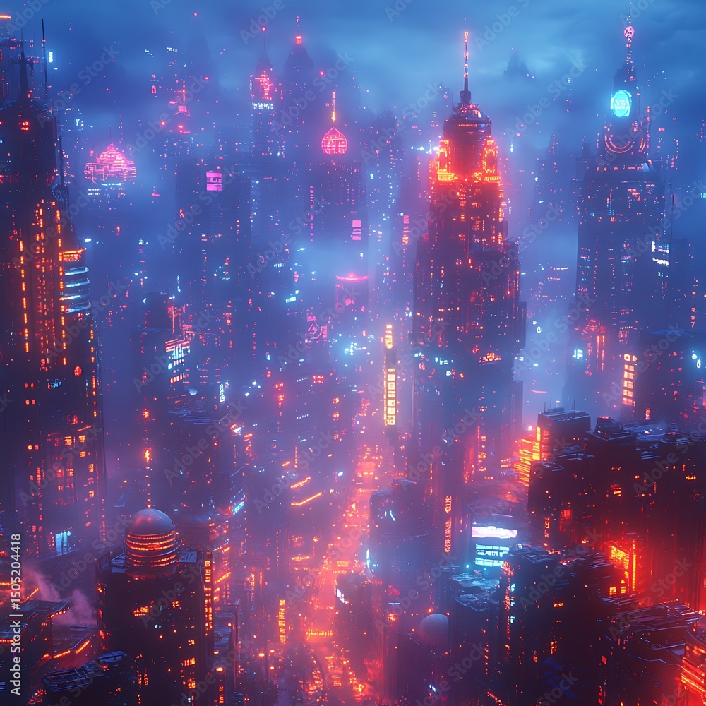 Poster futuristic metropolis illuminated with vibrant neon lights in a high resolution image