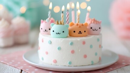 Cute birthday cake topped with colorful animal figurines and candles, perfect for celebrations.