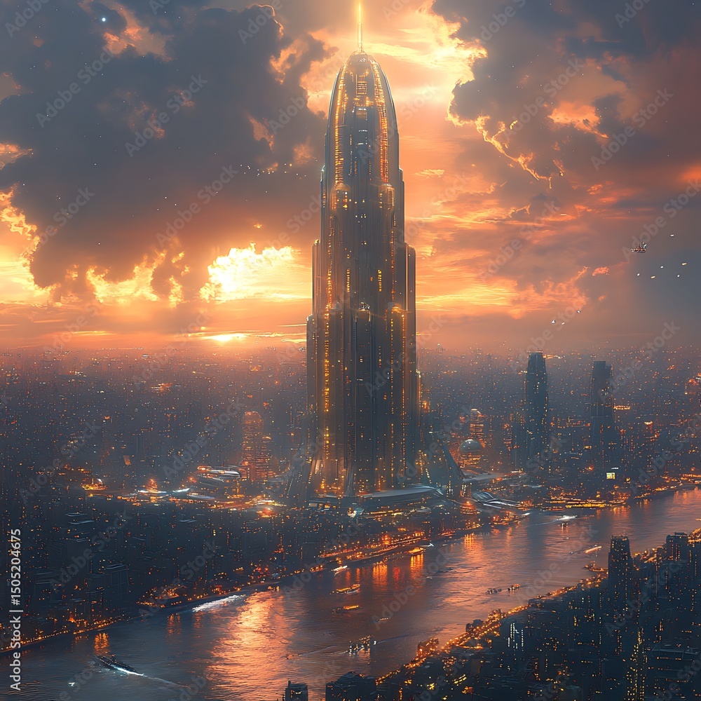 Poster futuristic metropolis with towering illuminated skyscraper against a golden sunset a high resolution