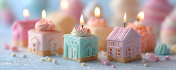 Colorful decorative candles shaped like houses with frosting and sprinkles, creating a festive atmosphere.