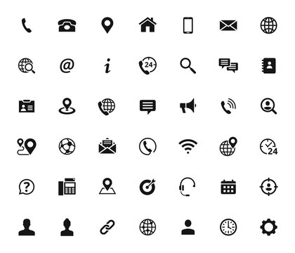 Set of solid contact business icons. Black web symbols. PNG.