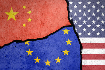 Flags of US, EU and China painted on cracked wall