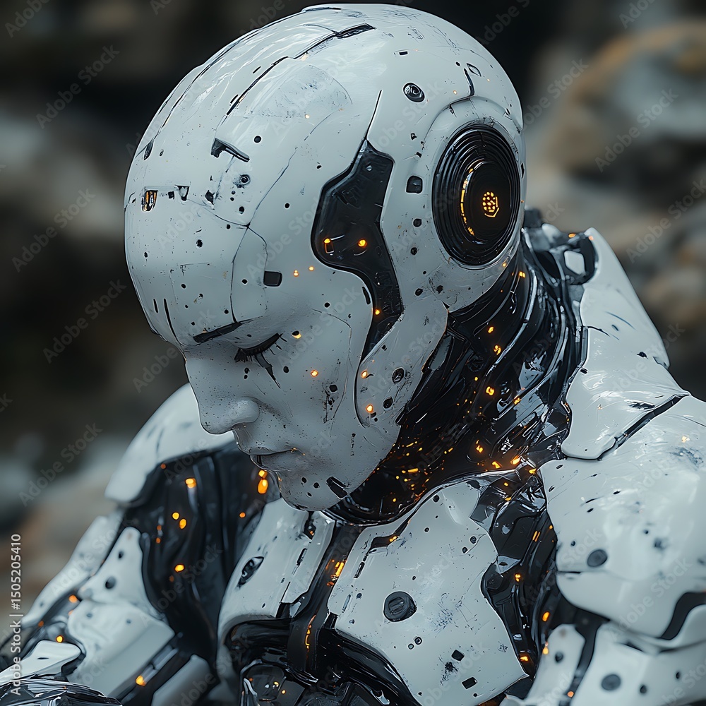 Aufkleber futuristic robot portrait portraying vulnerability with a sleek design and high resolution image