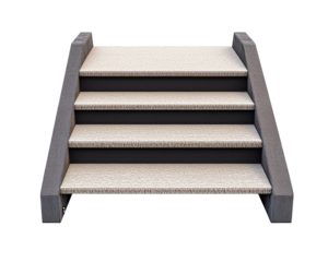 Set of four carpeted stairs with gray wooden side rails