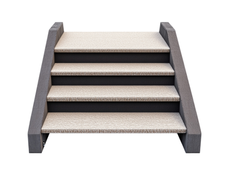 Set of four carpeted stairs with gray wooden side rails