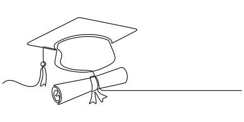 Continuous cap one line art drawing of graduation hat concept outline vector, graduation cap with degree certificate, Concept of student of university college and school. Doodle vector illustration.