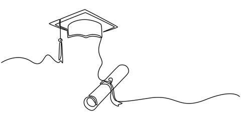 Continuous cap one line art drawing of graduation hat concept outline vector, graduation cap with degree certificate, Concept of student of university college and school. Doodle vector illustration.
