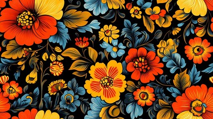 Red and gold floral design in traditional Khokhloma style, great for ethnic print materials, souvenir packaging, and heritage branding.