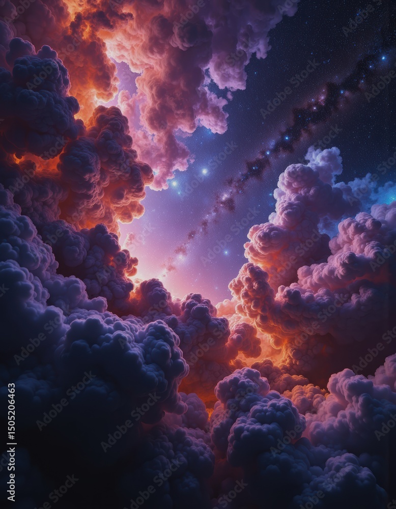 Poster abstract view of a cosmic nebula with colorful clouds and stars
