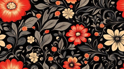Ornamental Russian folk pattern in Khokhloma art style, suitable for wallpaper, fabric textures, and cultural visual storytelling.