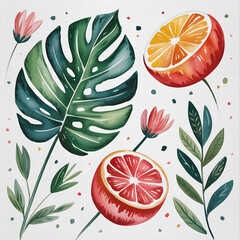 Tropical watercolor citrus fruits monstera leaves flowers