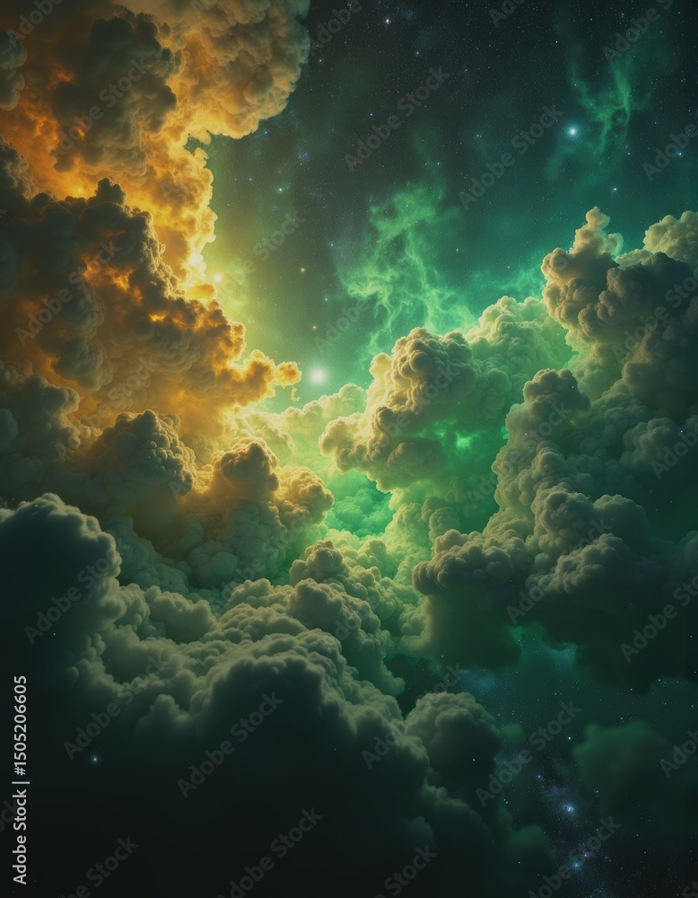 Poster abstract view of a cosmic nebula with colorful clouds and stars