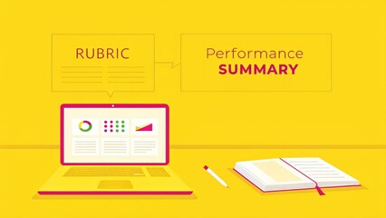 educational software digital curriculum assessment. Digital illustration featuring a laptop displaying performance metrics with a notebook and pen, set against a vibrant yellow background.