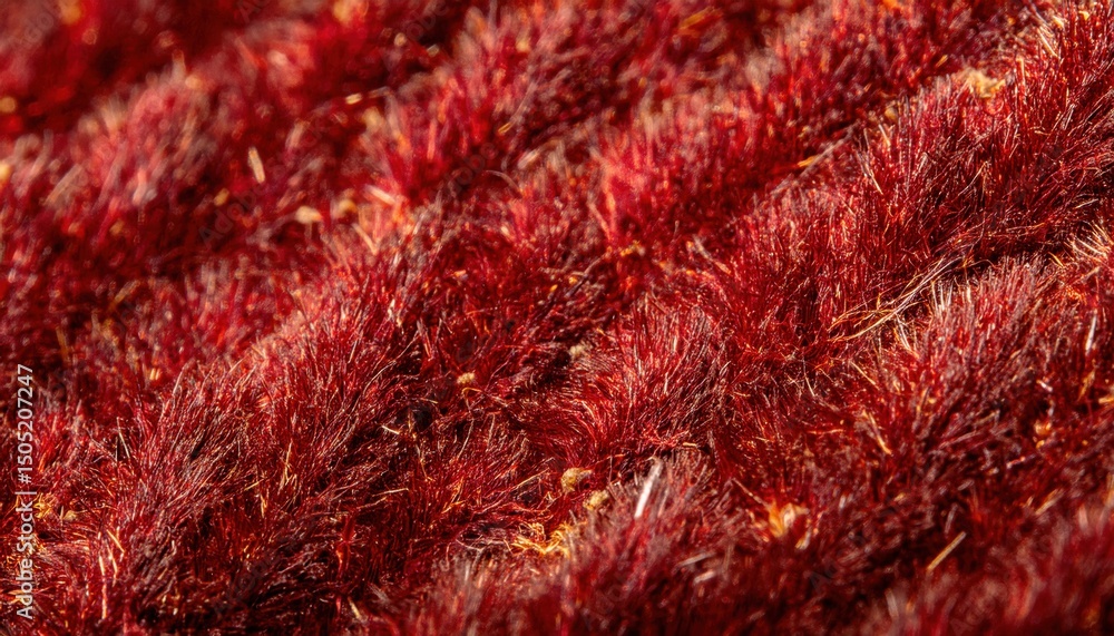 Poster macro texture of deep red velvet like fibers with golden highlights for luxury print design, abstract web background, or textile branding visual

