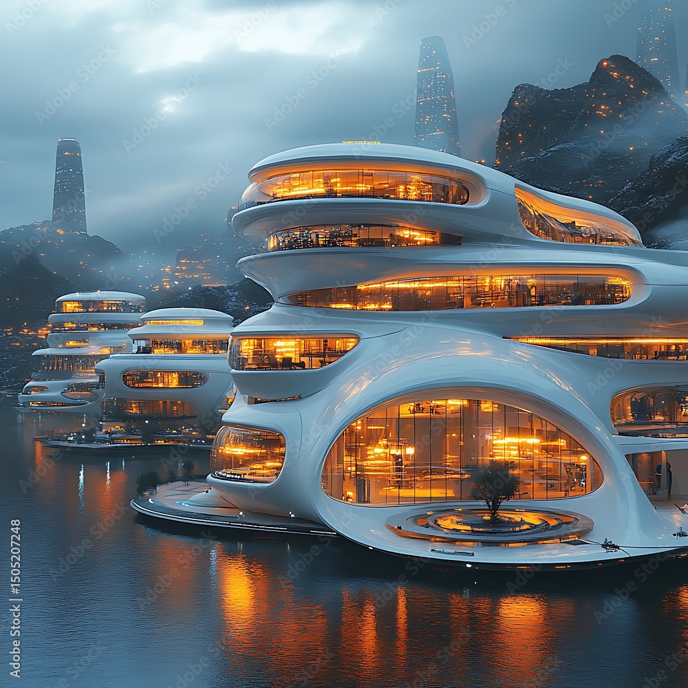 Poster futuristic waterfront architecture featuring innovative building designs with modern illumination an