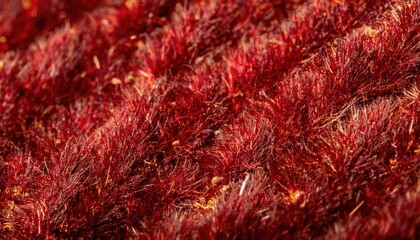 macro texture of deep red velvet like fibers with golden highlights for luxury print design, abstract web background, or textile branding visual

