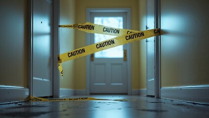 Caution tape blocking hallway entrance in dimly lit corridor  