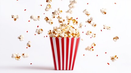 Popcorn flying with red white striped paper box, isolated on white background