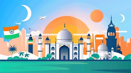 Republic Day City Background: Grand Buildings Mirror the National Flag, Painting a Timely Scroll of the Blending of Neon Brilliance and Patriotic Passion