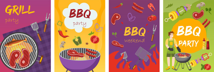 BBQ party invite cards with grill, food, and cooking tools. In cartoon style with colorful backgrounds. Suitable for summer event announcements.