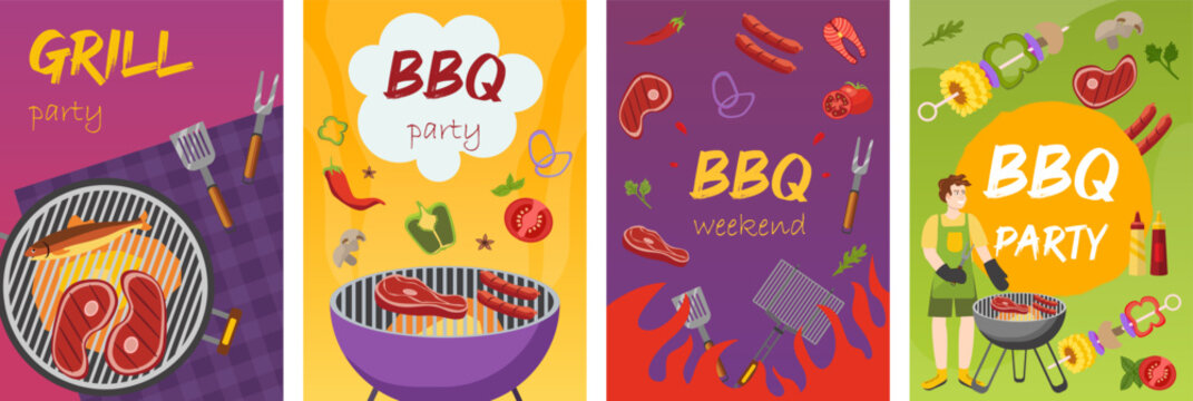 BBQ party invite cards with grill, food, and cooking tools. In cartoon style with colorful backgrounds. Suitable for summer event announcements.