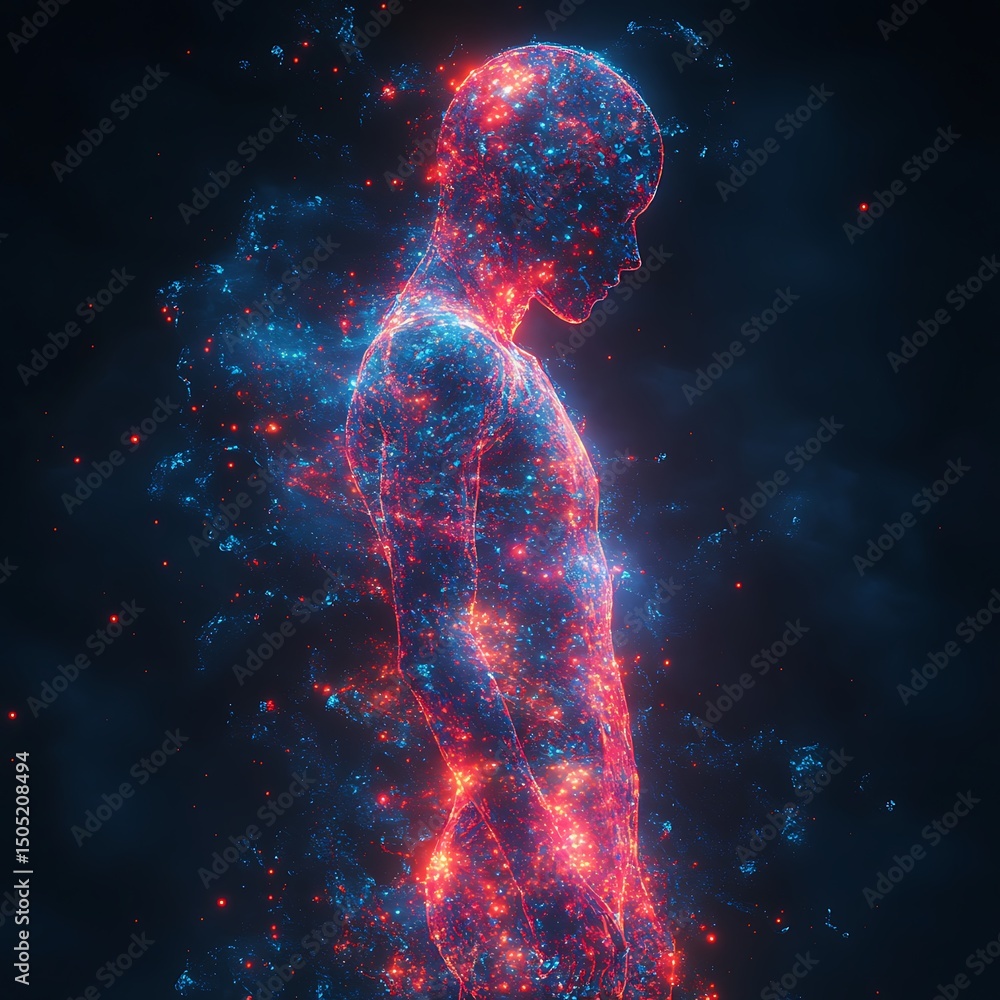 Poster human form composed of cosmic energy high resolution image representing the interconnectedness of al
