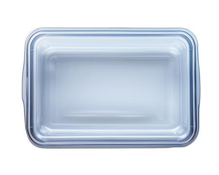 Top down view of clear rectangular glass baking dish with lid