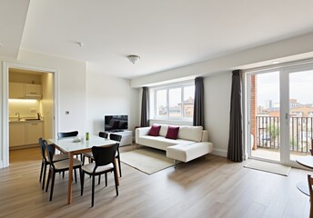 Fototapeta premium A chic studio apartment with an open floor plan, modern furnishings, and a small balcony
