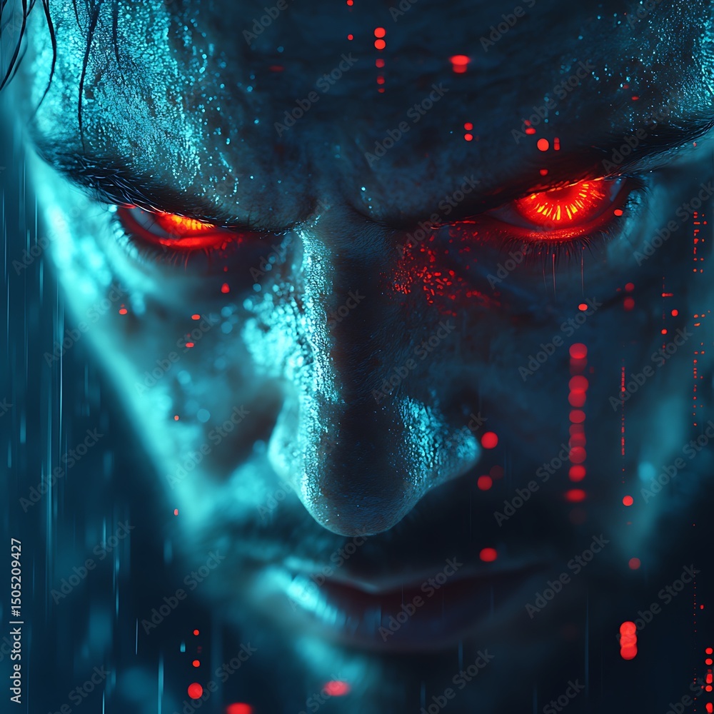 Poster intense close up of a man with glowing red eyes in a futuristic high resolution image