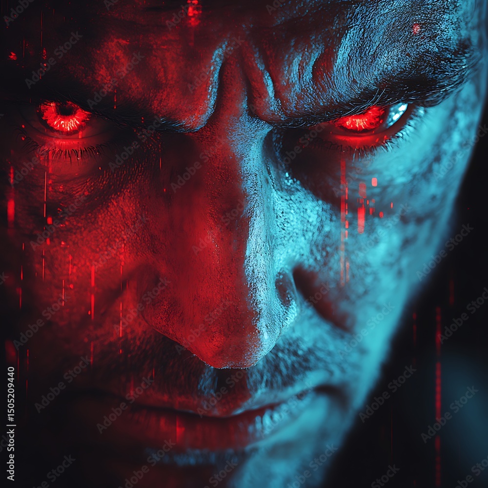 Poster intense close up of a man with glowing red eyes in a high resolution image