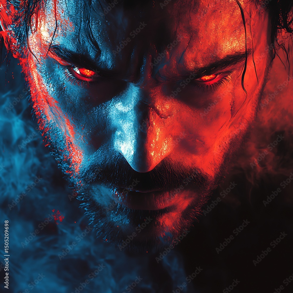 Poster intense portrait of a determined man with glowing red eyes high resolution image