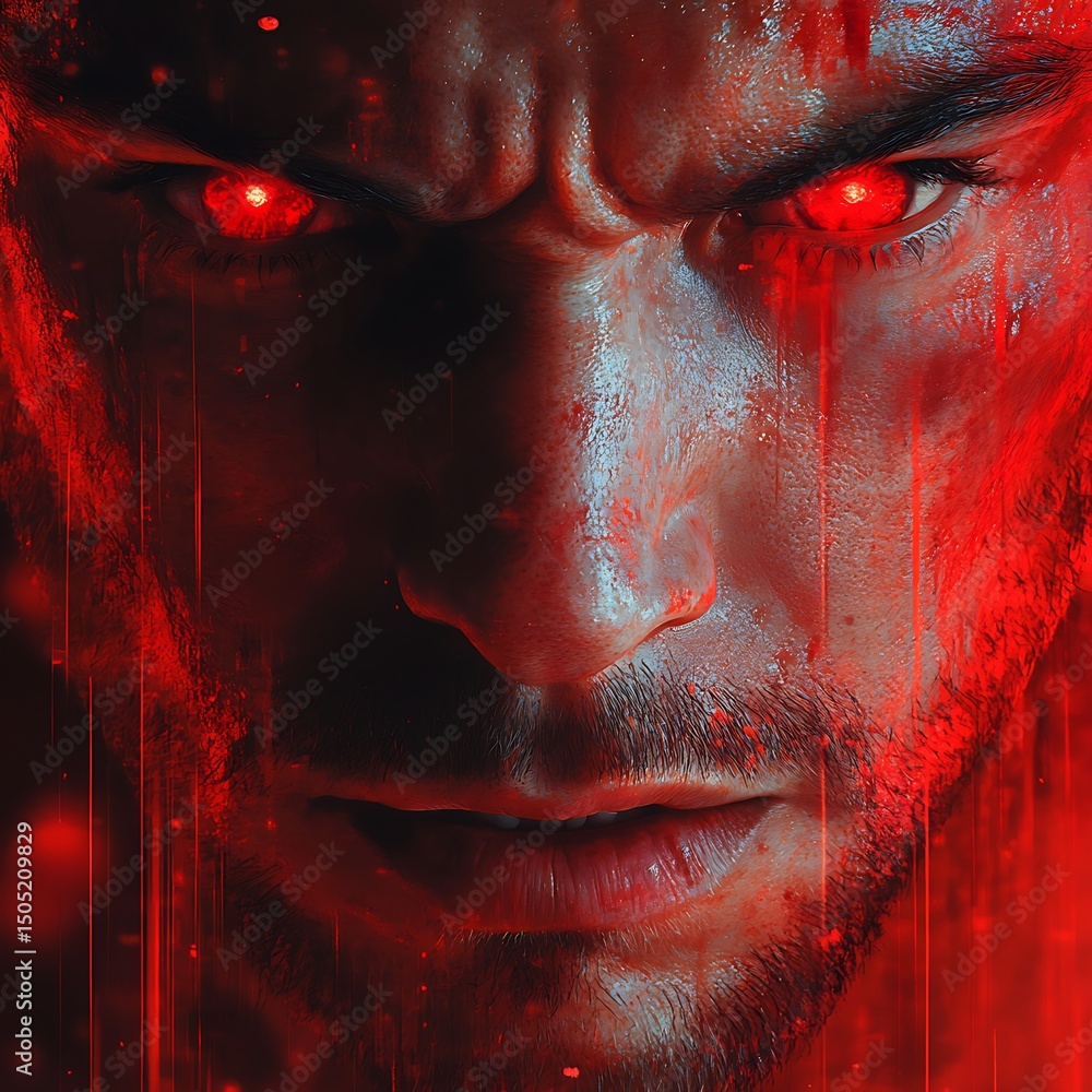 Poster intense portrait of a man with glowing red eyes and an intimidating gaze high resolution image