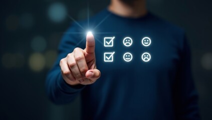 Customer review satisfaction feedback survey concept. A person interacts with virtual icons representing customer satisfaction levels, including happy, neutral, and sad faces, and feedback. rating